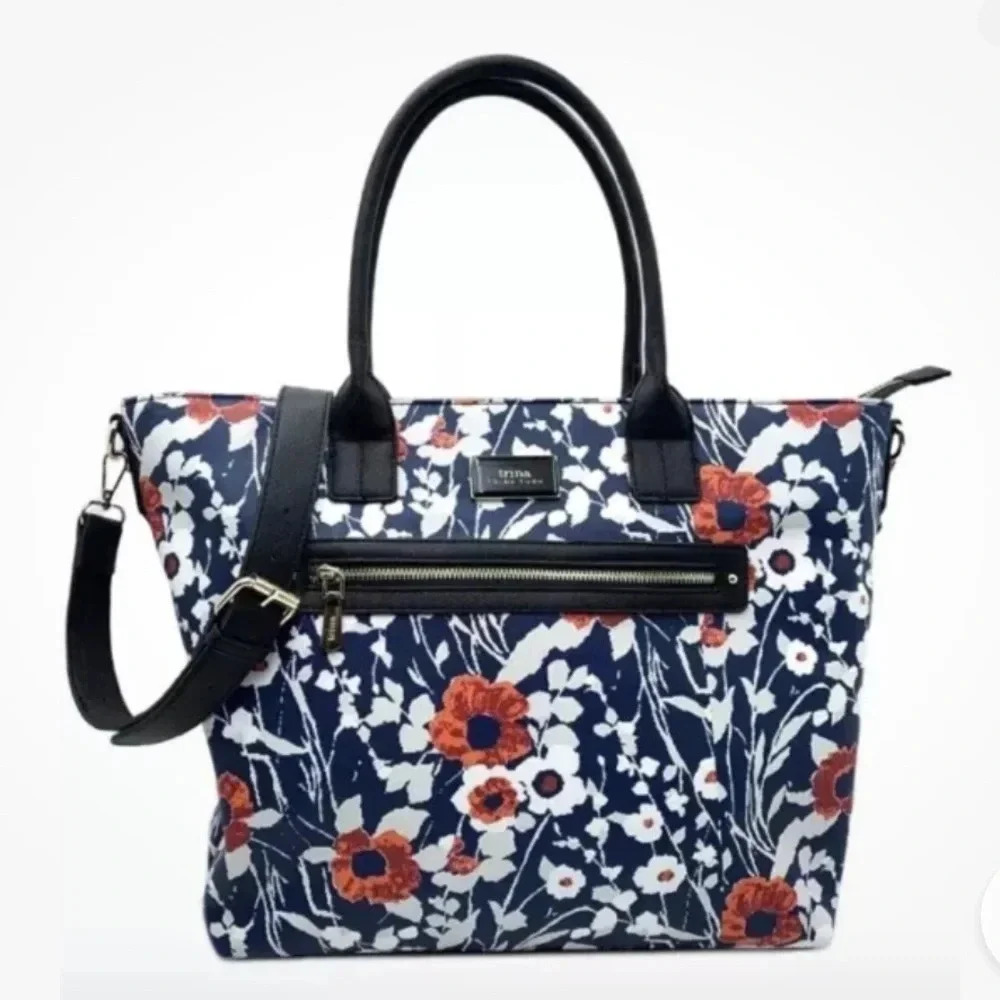 Trina Turk Blue White Floral Print Weekender Tote Bag Crossbody Strap NWT